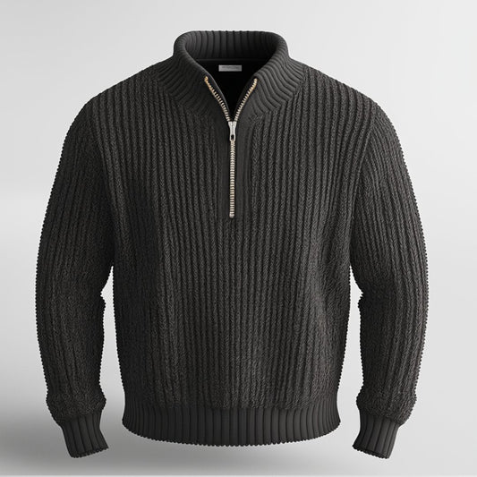 Dark gray men's cozy quarter-zip sweater, perfect for versatile layering & fall fashion. Comfortable pullover style.