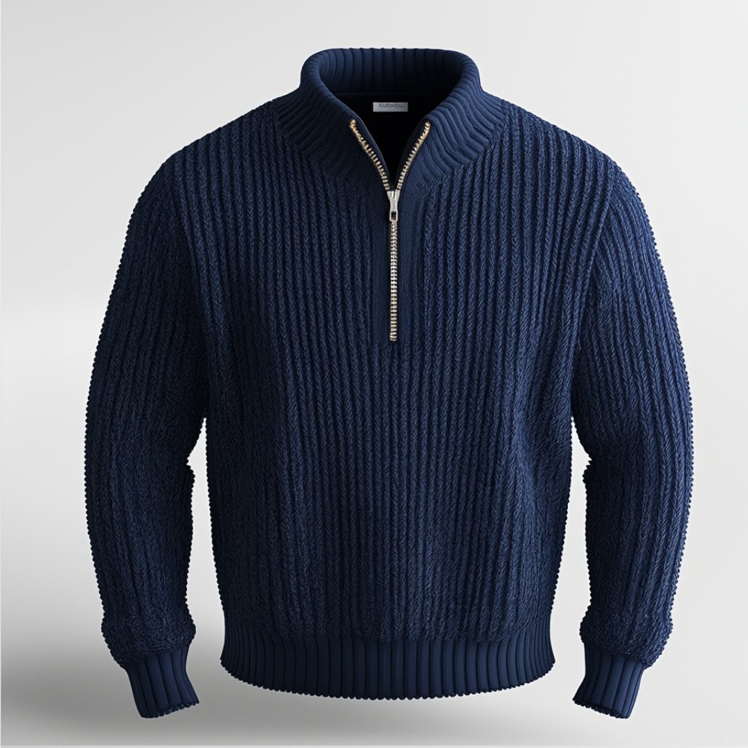 Blue men's quarter-zip sweater, ideal for cozy winter fashion & casual wear. Stylish pullover for men.