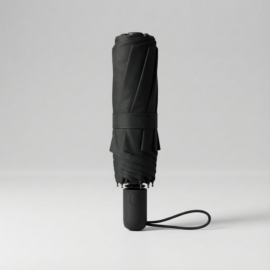 Dark green compact travel sun umbrella. Lightweight, portable, with effective UV protection.