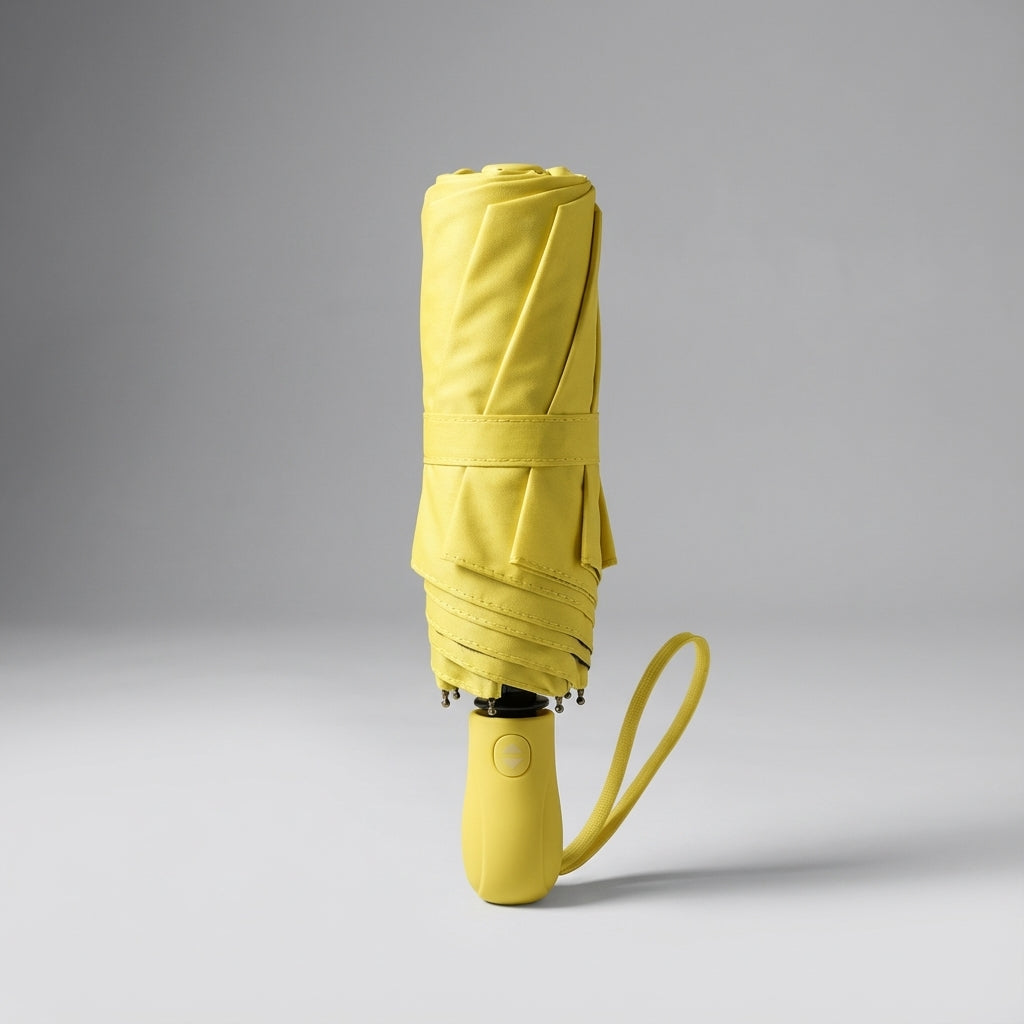 Compact dark green rain umbrella, lightweight & portable. Offers UV protection for all weather.