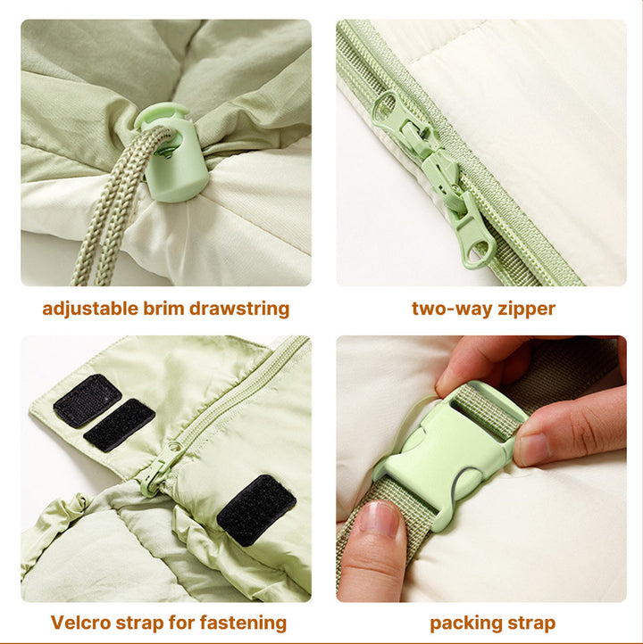 Lightweight, waterproof dark green adult mummy sleeping bag, suitable for camping.