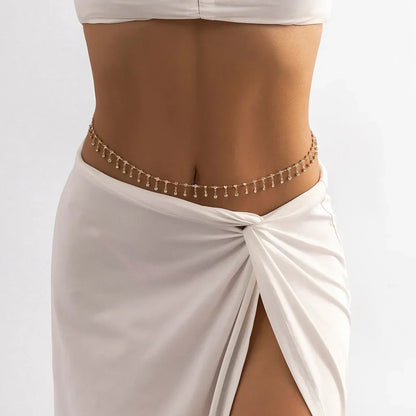 Adjustable double-layer gold plated waist chain, dazzling crystals, hypoallergenic women's belly chain accessory.