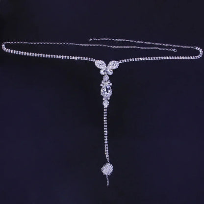 Elegant butterfly rhinestone belly chain, gold-plated body jewelry with shimmering crystals for women.