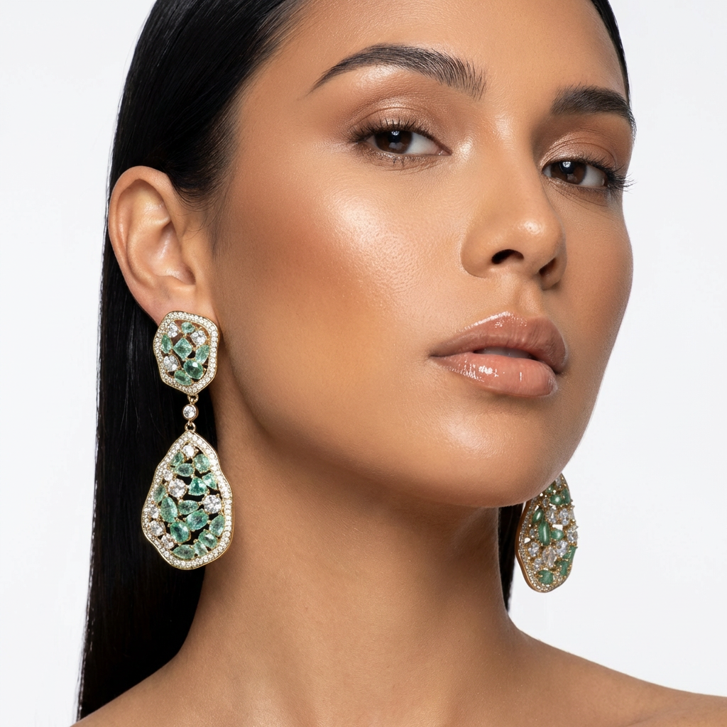 Dazzling long drop earrings for women, featuring radiant sparkle & lightweight elegance in green & silver.