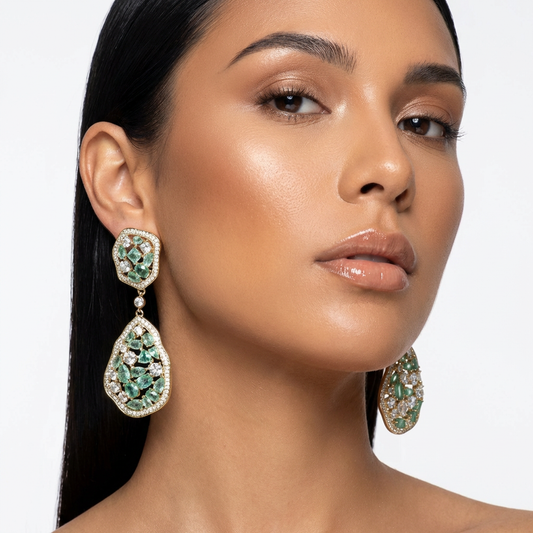 Dazzling long drop earrings for women, featuring radiant sparkle & lightweight elegance in green & silver.