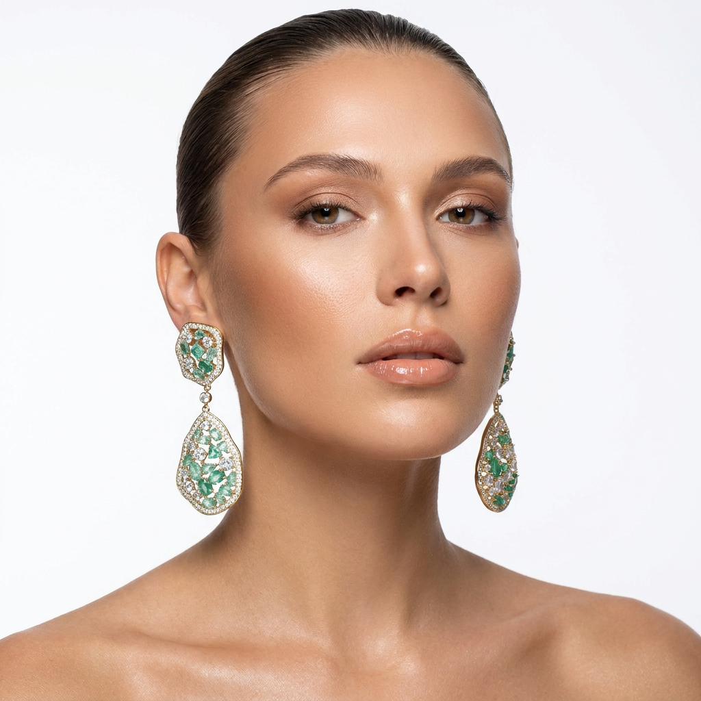 Elegant women's silver drop earrings with a dazzling green stone, offering a glamorous and lightweight feel.