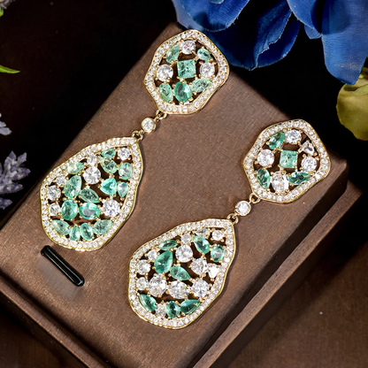 Radiant dazzling long drop earrings in green & silver for women, offering elegant sparkle and a lightweight feel.