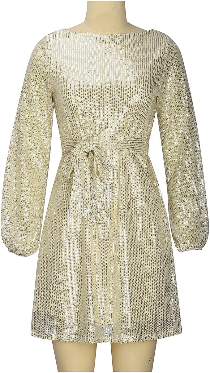 Women's dazzling sequin mini dress shimmering and sparkling at a festive party.