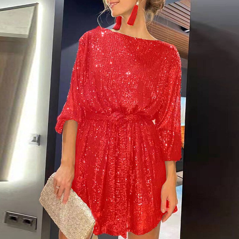 Loose fit dazzling sequin mini dress for women; shimmering party or evening wear.