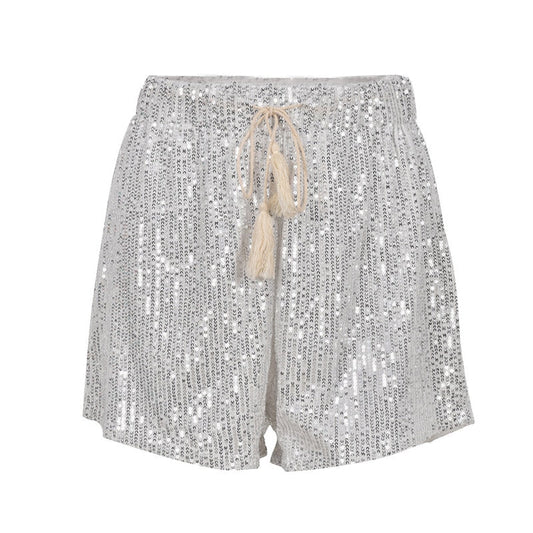 Dazzling silver sequin women's shorts, perfect for parties, nights out, or festival glam.