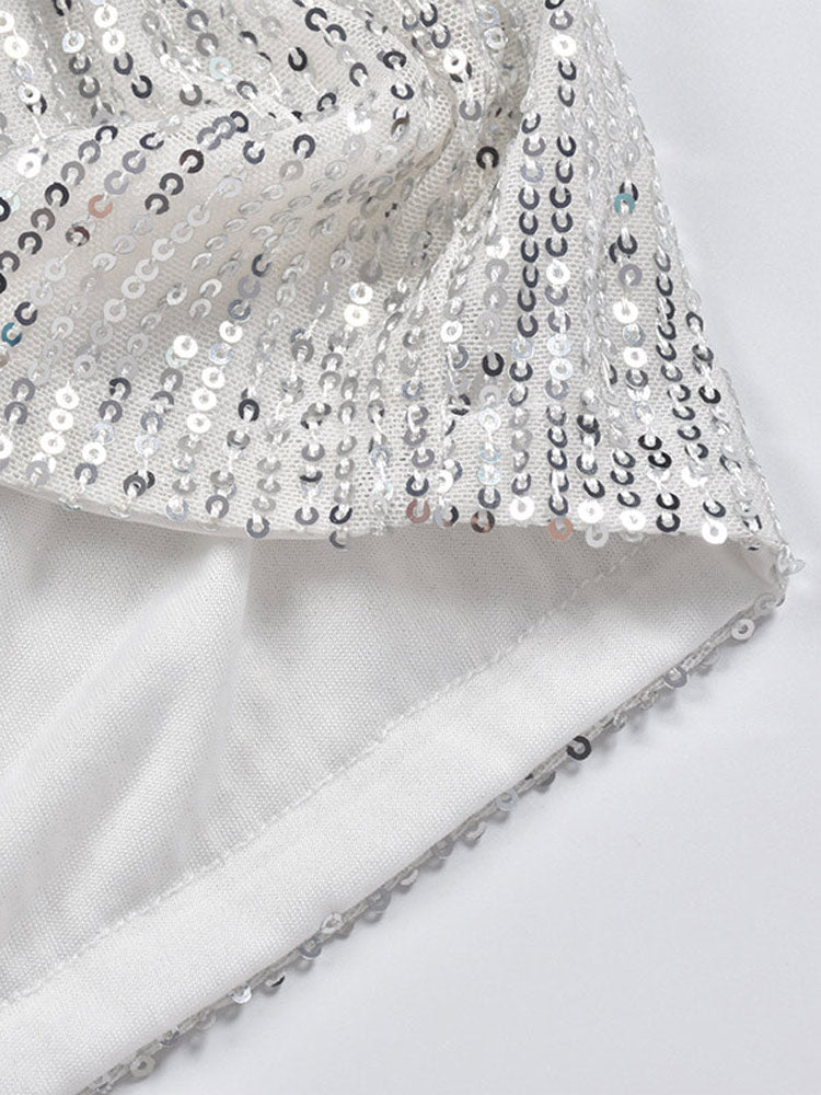 Women's fashion shorts with all-over silver sequins, designed for a show-stopping party or night out ensemble.