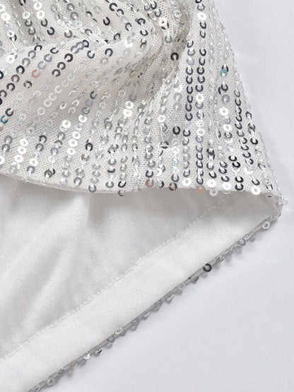 Women's fashion shorts with all-over silver sequins, designed for a show-stopping party or night out ensemble.
