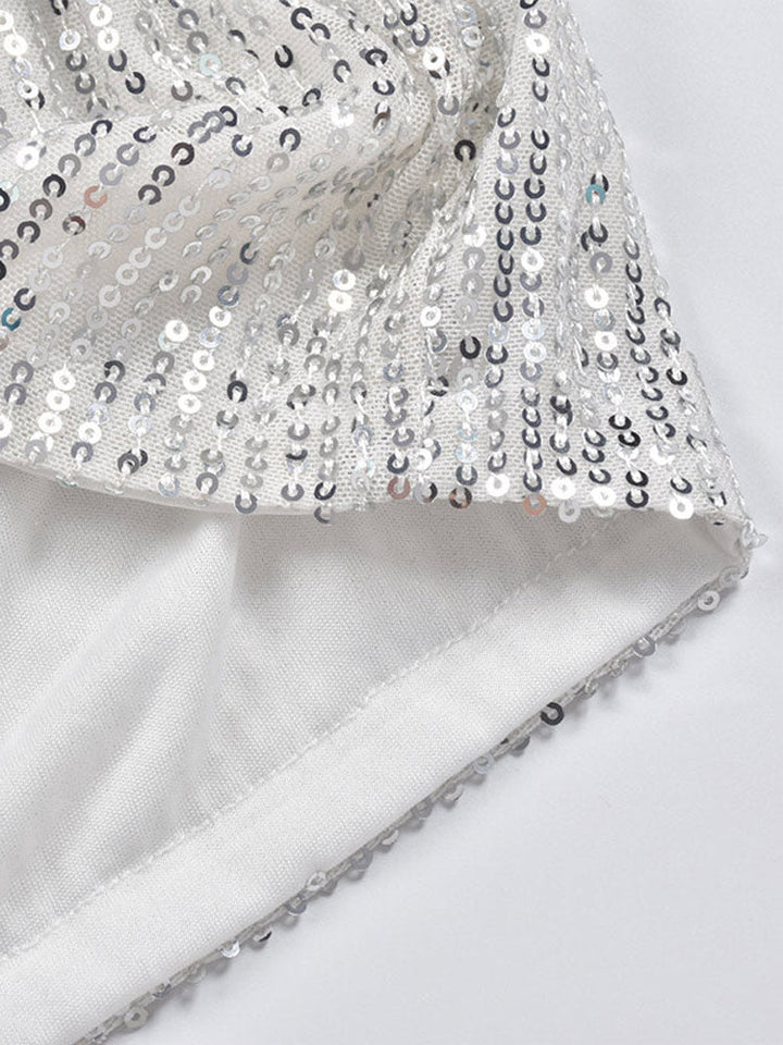 Women's fashion shorts with all-over silver sequins, designed for a show-stopping party or night out ensemble.