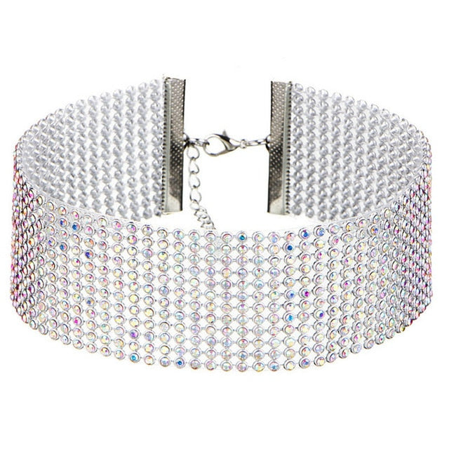 Close-up of a glamorous crystal choker necklace, showcasing dazzling rhinestones and intricate detail.