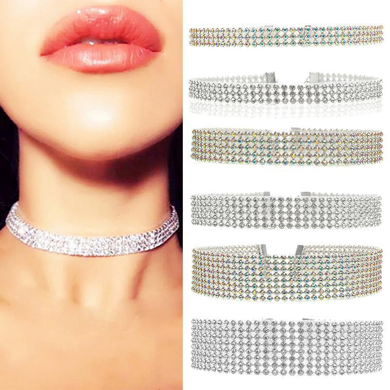 Women's fashion accessory: a dazzling rhinestone choker necklace that sparkles brightly.