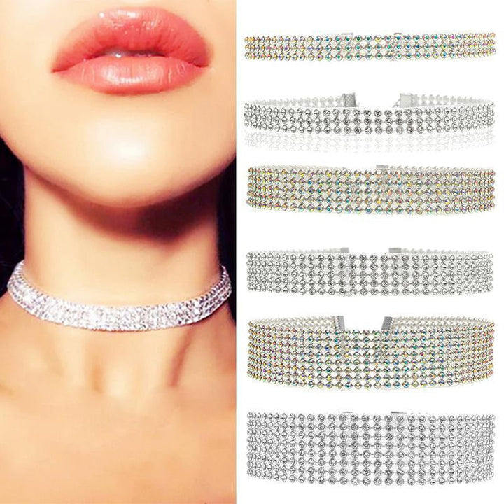 Women's fashion accessory: a dazzling rhinestone choker necklace that sparkles brightly.
