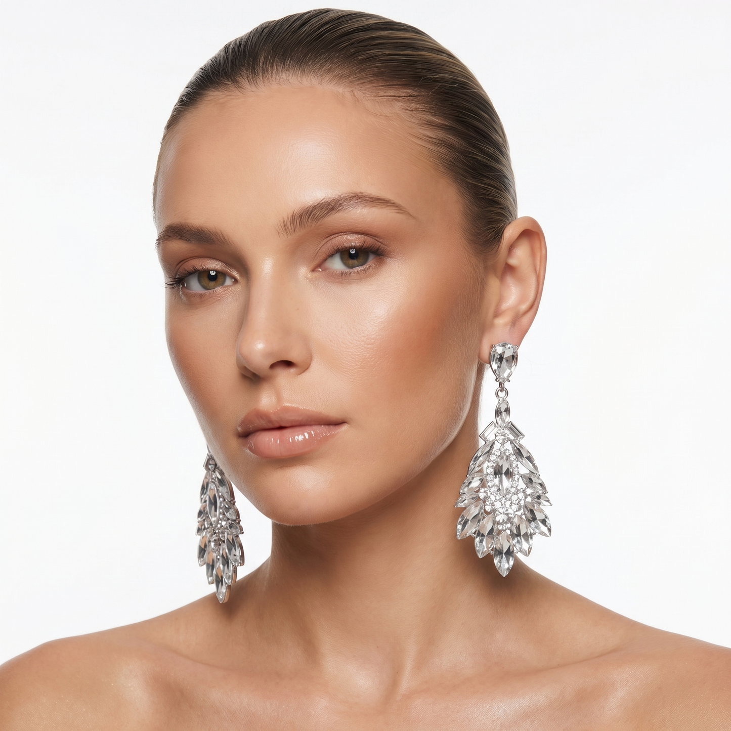 Sparkling blue crystal drop earrings, elegant women's dangle jewelry, a dazzling fashion accessory.