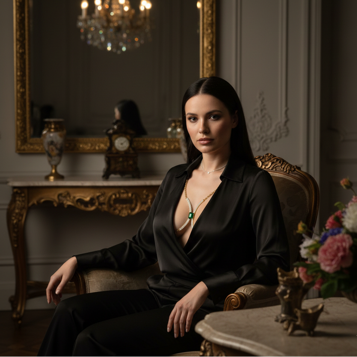 Elegant women's rhinestone body chain with shimmering crystals. Perfect statement jewelry, available in gold or silver.