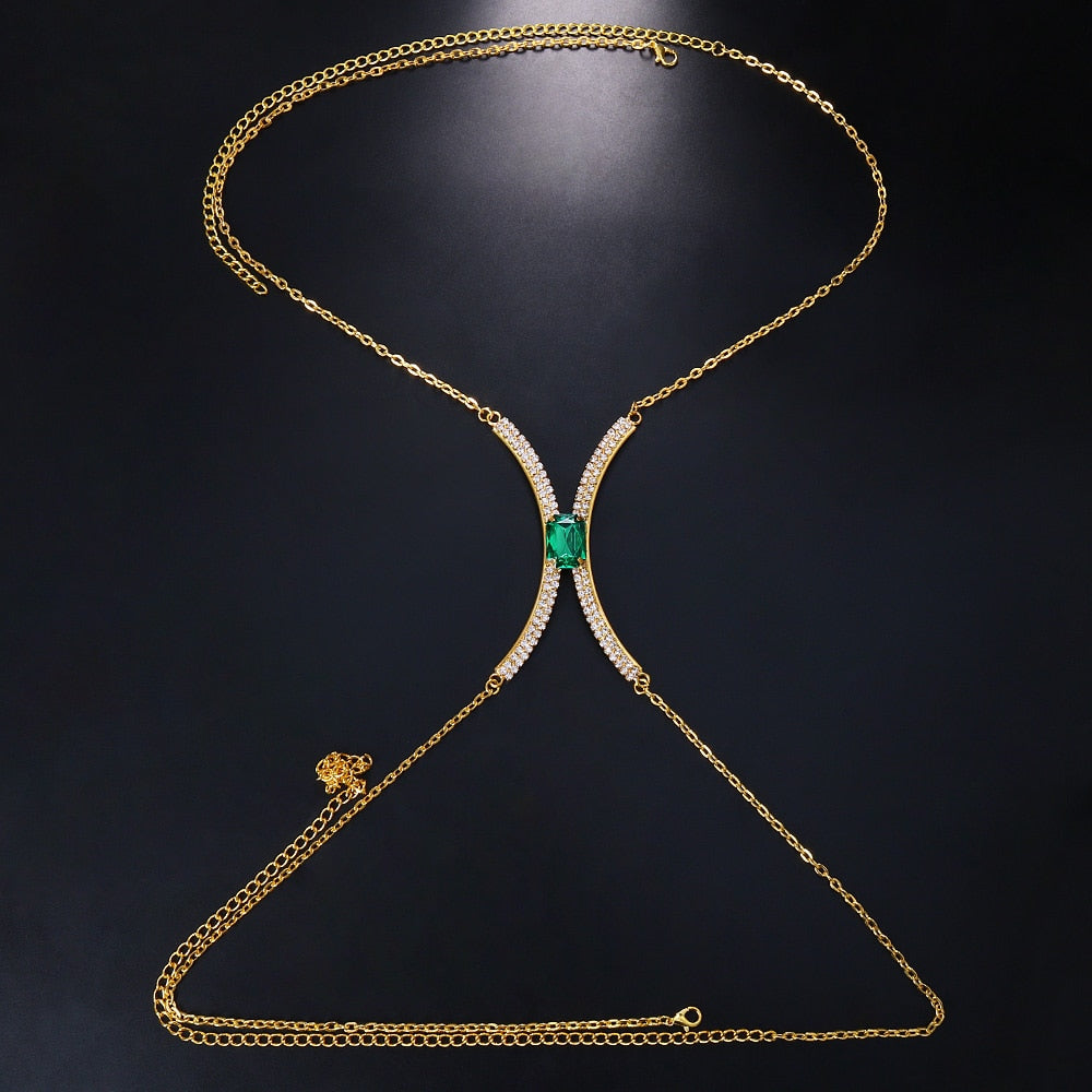 Sparkling women's crystal body chain necklace. Dazzling rhinestone chest jewelry adds elegance to any outfit.