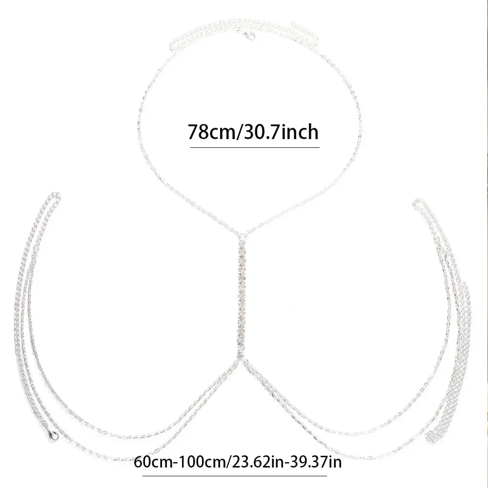 Chic women's rhinestone body chain necklace, a dazzling chest chain that makes a bold fashion statement.