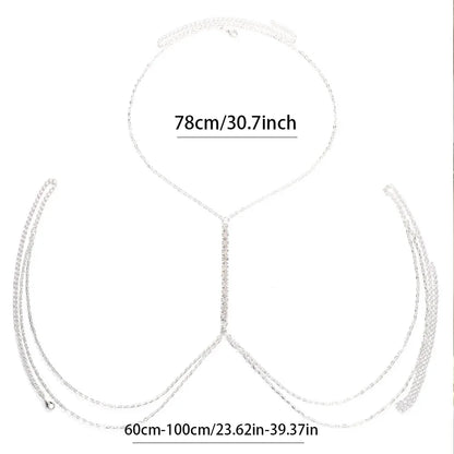 Chic women's rhinestone body chain necklace, a dazzling chest chain that makes a bold fashion statement.
