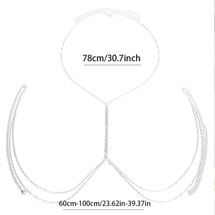 Chic women's rhinestone body chain necklace, a dazzling chest chain that makes a bold fashion statement.