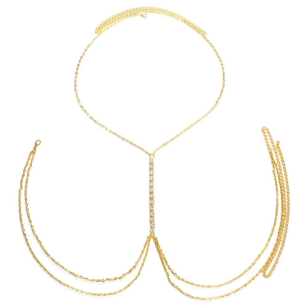 Glamorous women's rhinestone chest chain necklace, a sparkling body chain accessory for elegant party wear.