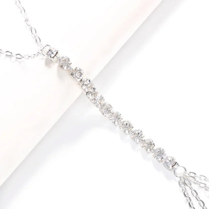 Elegant women's rhinestone chest chain necklace, a beautiful body chain for a glamorous fashion accessory look.