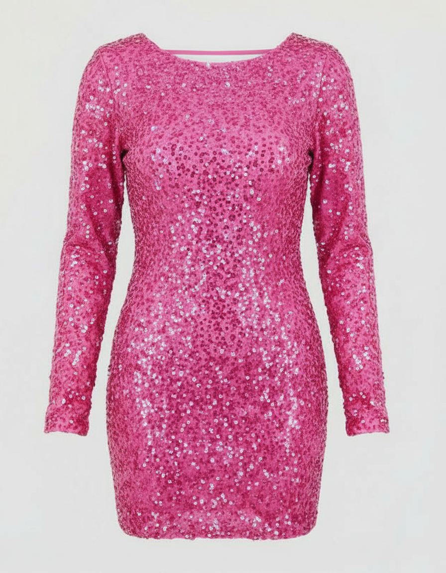 Elegant women's open-back mini dress featuring shimmering sequins and long sleeves for a dazzling look.