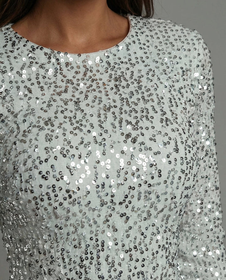 Party-ready sequin mini dress for women, with a dazzling open back & long sleeves. Perfect for evenings.