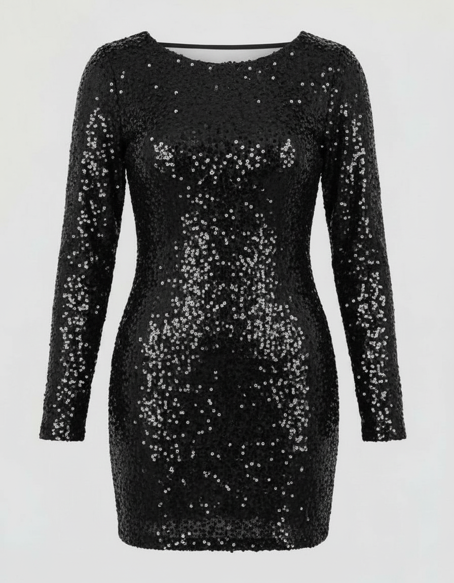 Women's dazzling long sleeve sequin mini dress, featuring a stylish open back, ideal for glamorous evening wear.