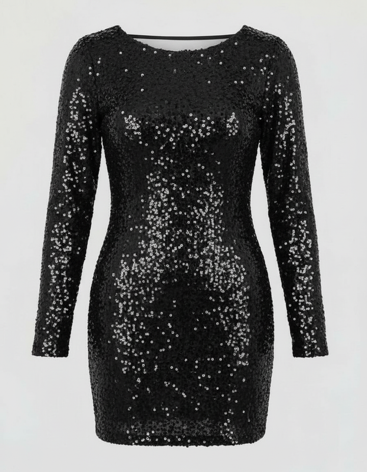 Women's dazzling long sleeve sequin mini dress, featuring a stylish open back, ideal for glamorous evening wear.