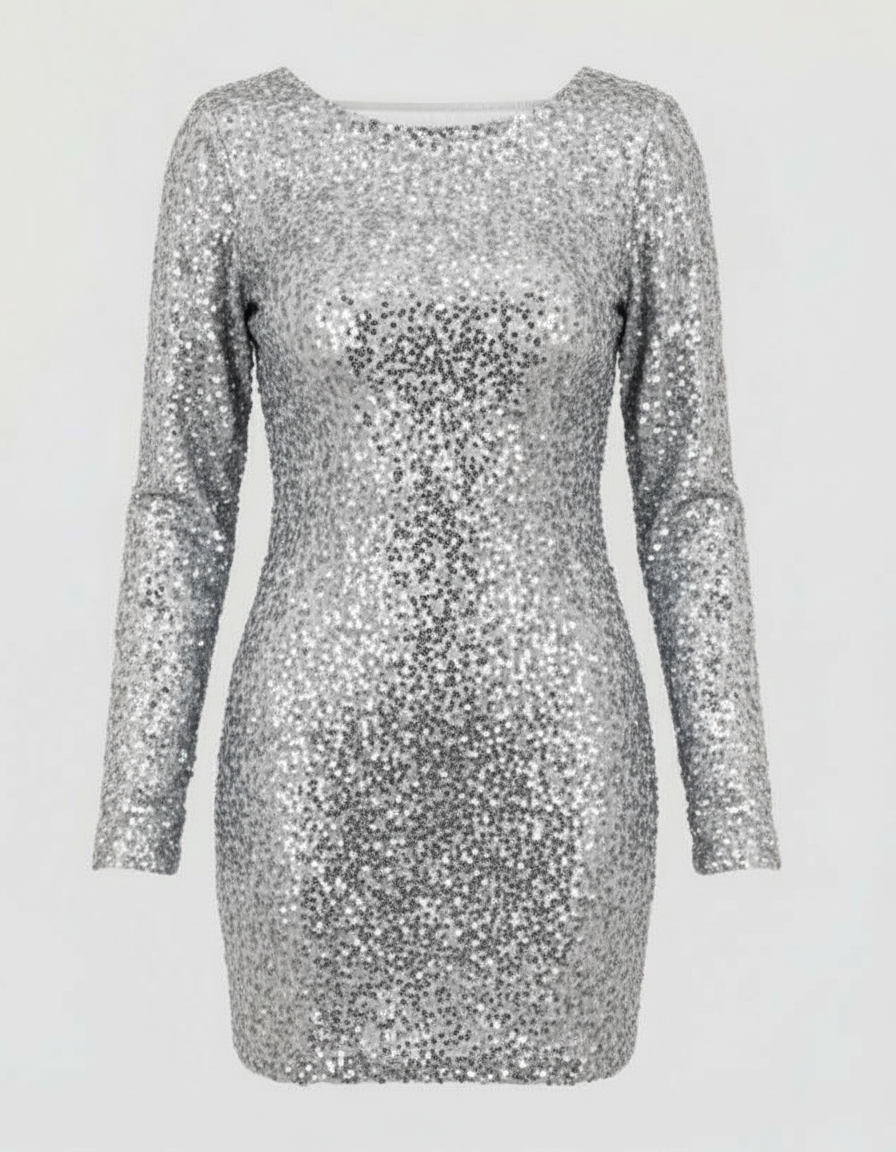Dazzling women's sequin mini dress with open back, long sleeves. Glamorous evening wear, special occasion.