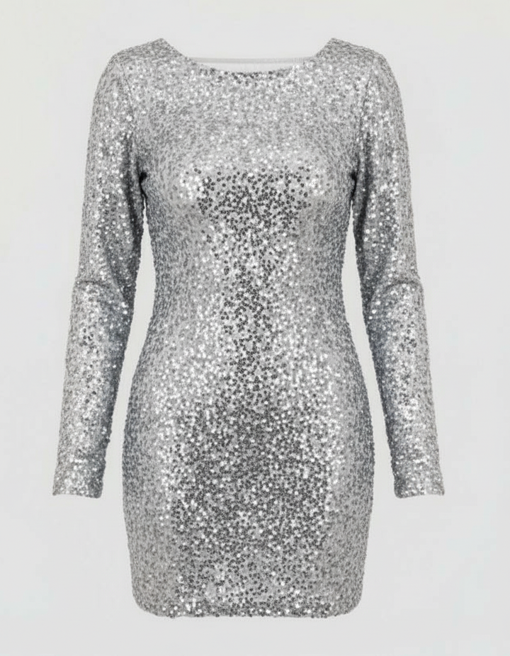 Dazzling women's sequin mini dress with open back, long sleeves. Glamorous evening wear, special occasion.
