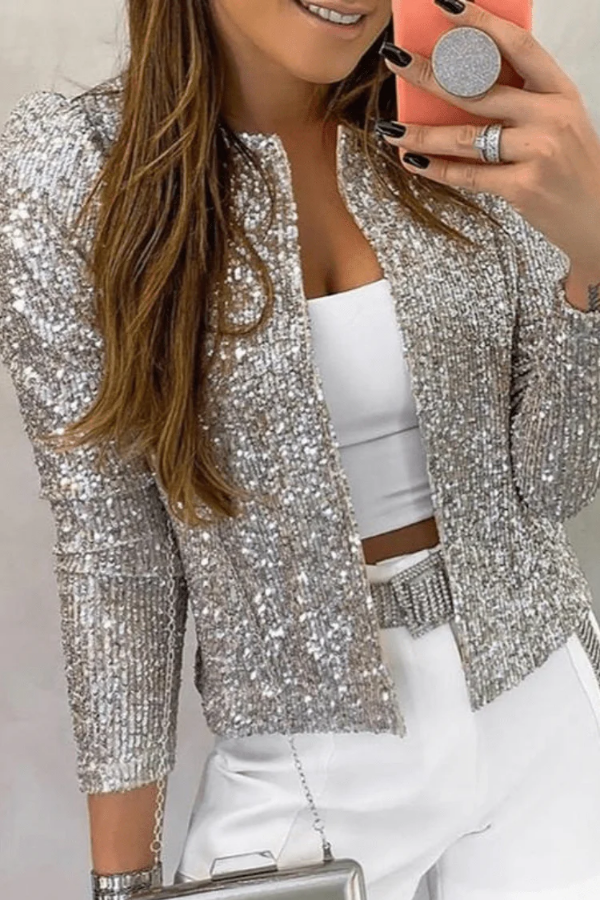 Black sequin sparkle jacket for women, an elegant open front blazer for festive attire and special occasions.