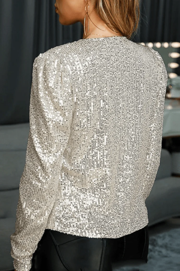 Silver sequin women's open front blazer, a dazzling sparkle jacket for glamorous party wear & holiday outfits.
