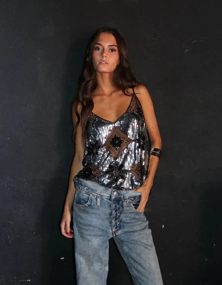 Glamorous women's sleeveless sequin top. Dazzling glitter and sparkle, ideal for party wear & evening events.