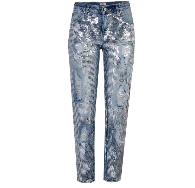 Dazzling women's sequin ripped jeans, combining comfort with a sparkling, fashion-forward distressed style. Perfect statement piece.