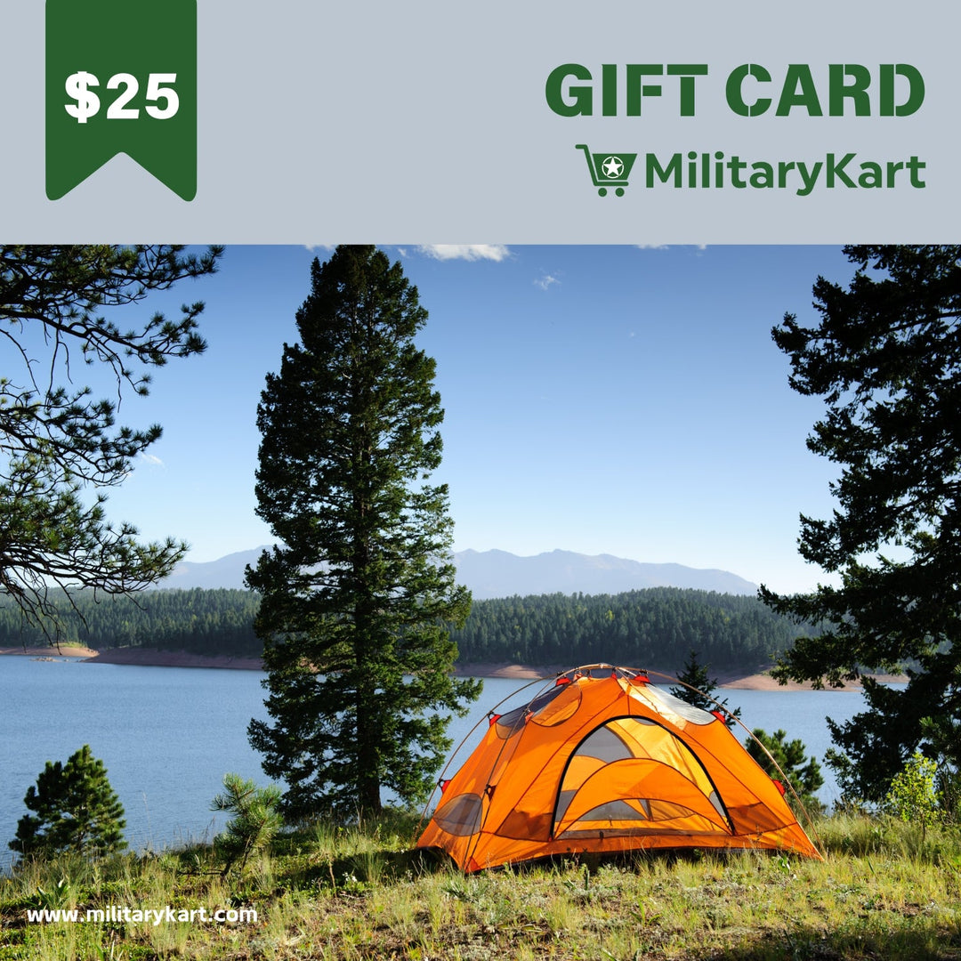 Military themed digital voucher, e-gift card for outdoor and survival equipment purchases