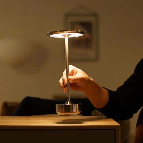 Rechargeable LED bedside lamp with dimmable light. Cordless and portable for ultimate convenience.