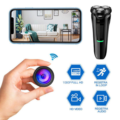 Covert 1080P HD WiFi shaver camera. Mini hidden spy cam with motion detection for discreet home security.