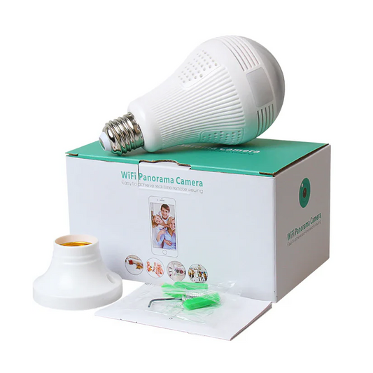 Discreet 1080P panoramic WiFi smart LED bulb camera for home security and monitoring with motion detection.