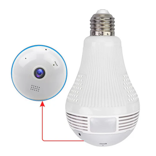 1080P panoramic smart LED bulb camera with WiFi monitoring, two-way audio, and LED light for home security.