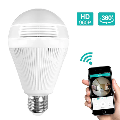 Clear 1080P panoramic view from a smart LED bulb security camera with WiFi connectivity for discreet home monitoring.