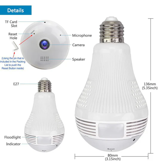 Easy-install smart LED bulb camera with 1080P panoramic WiFi monitoring, motion detection & two-way audio for security.
