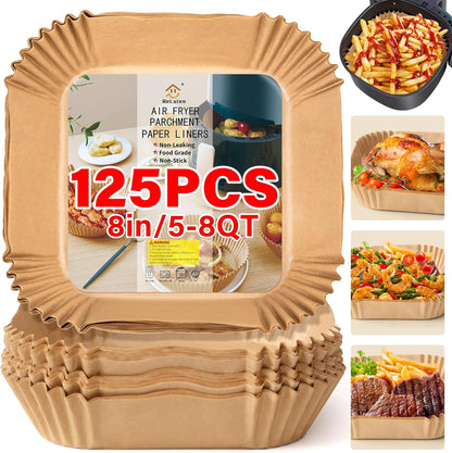 Set of non-stick air fryer parchment liners, ensuring crispy food & quick, easy cleanup.