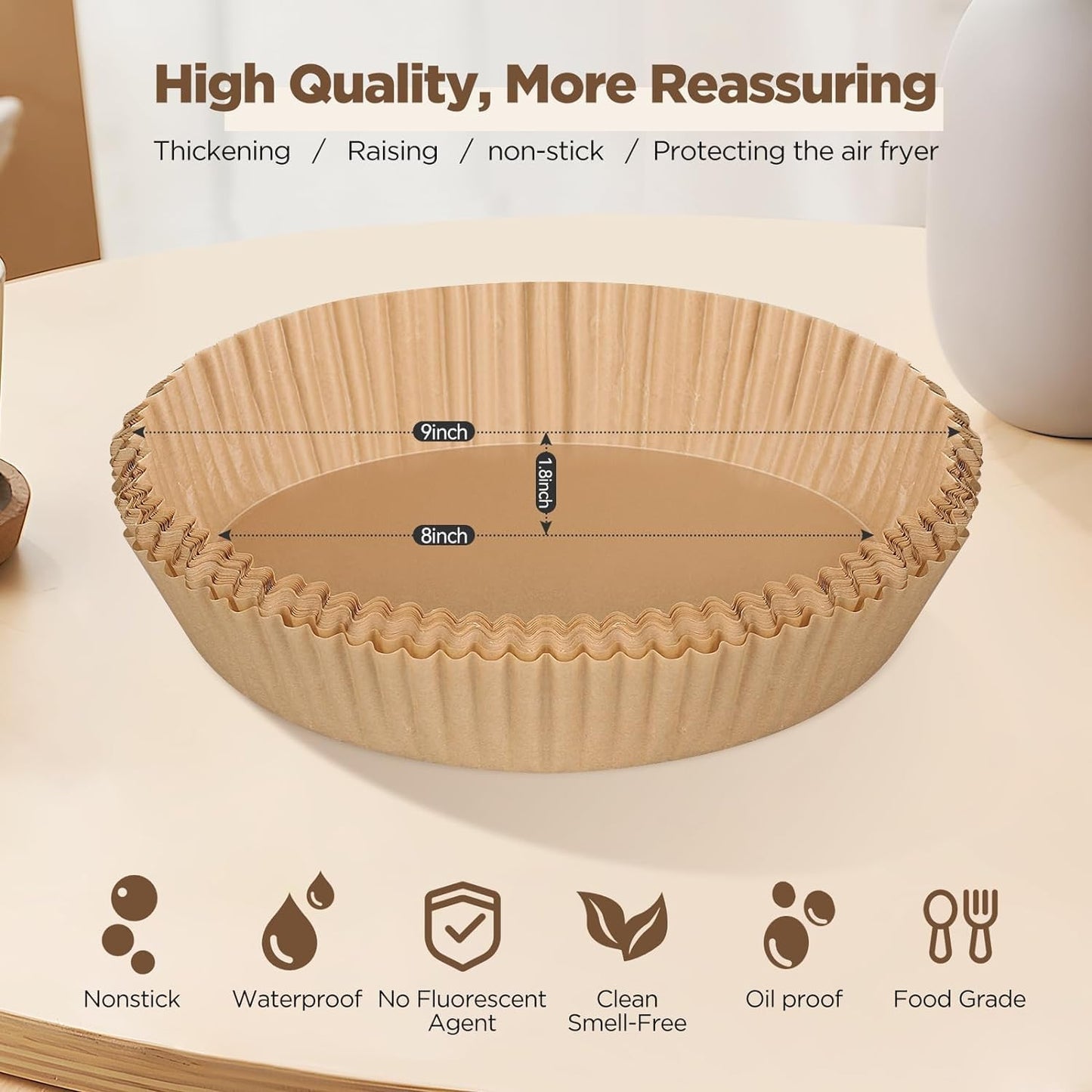 Air fryer liners by EasyCrisp. Disposable & non-stick parchment paper, a must-have for baking & frying.