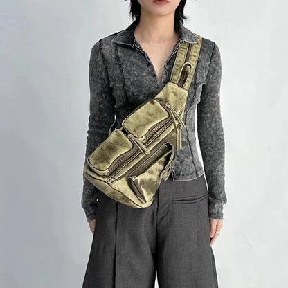 Women's versatile distressed convertible backpack, offering a vintage look as a sling, chest, or travel bag.