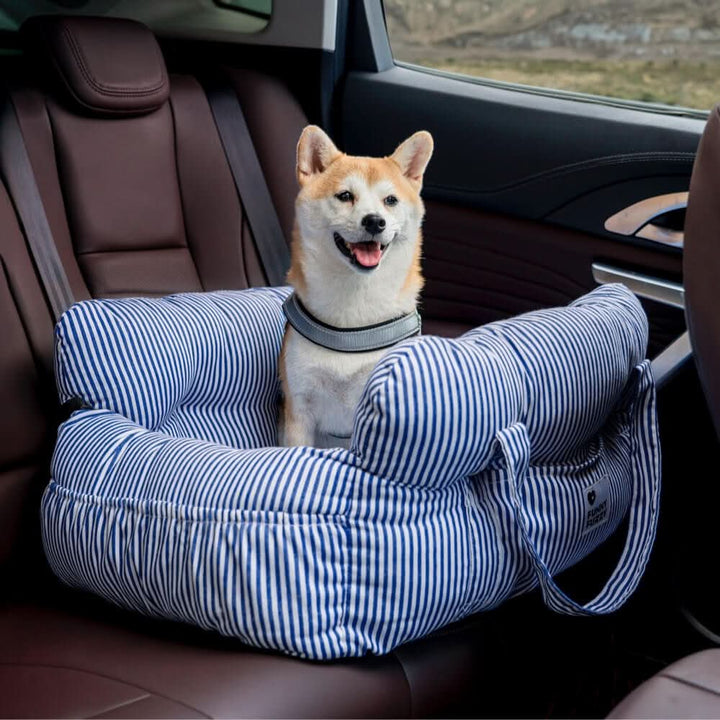 Washable dog booster car seat for easy cleaning, featuring a safety belt & non-slip design for travel.