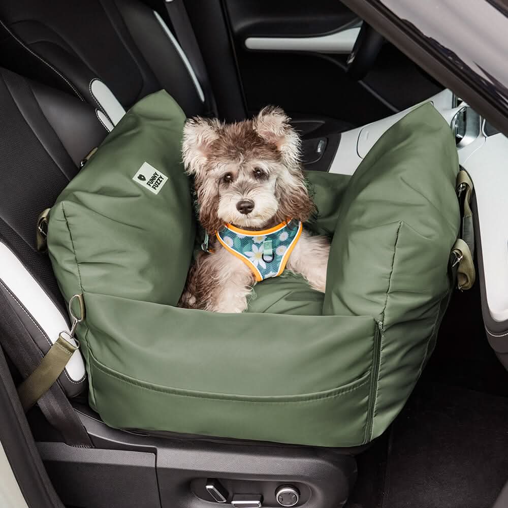 Stylish and functional dog booster car seat for pet travel, including a safety belt & washable cover.